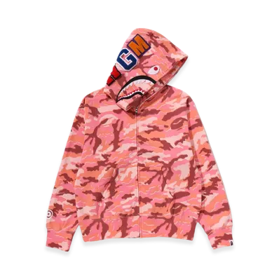 A BATHING APE Women's Glitch Woodland Camo Shark Full Zip Hoodie "Pink"