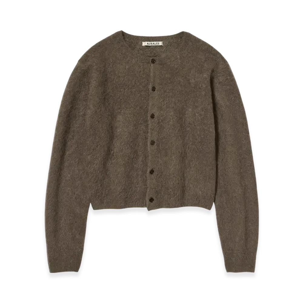 AURALEE Garment-Dyed Baby Alpaca Fur Knit Crew-Neck Cardigan "Dark Brown"