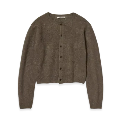 AURALEE Garment-Dyed Baby Alpaca Fur Knit Crew-Neck Cardigan "Dark Brown"