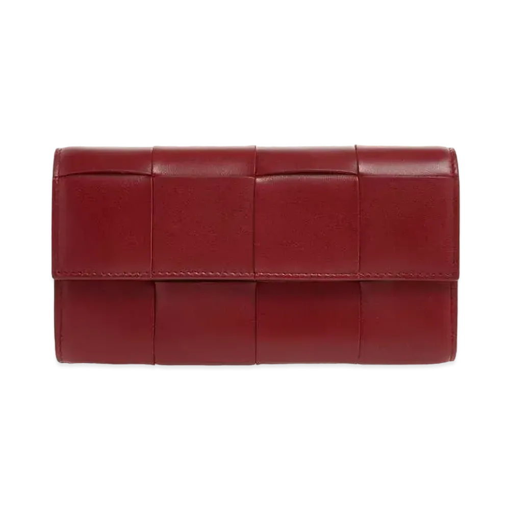 Bottega Veneta Casette Maxi Intrecciato Lambskin Calfskin Flap Long Wallet "Dark Red"