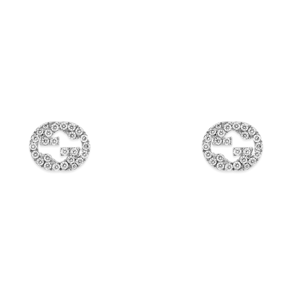 GUCCI 18K Diamond Interlocking Double G Stud Earrings "White Gold"
