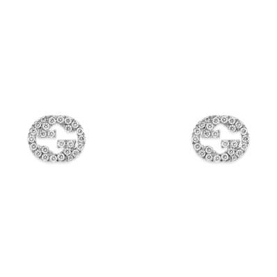 GUCCI 18K Diamond Interlocking Double G Stud Earrings "White Gold"