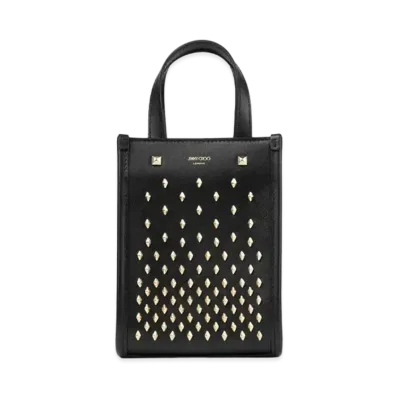 Jimmy Choo Mini N/S Tote Smooth Calf Leather Tote Bag With Diamond Studs "Black/Light Gold"