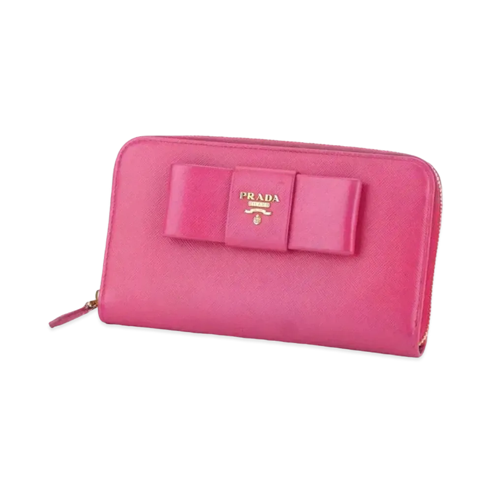 PRADA Ribbon Motif Round Fastener Wallet "Pink"
