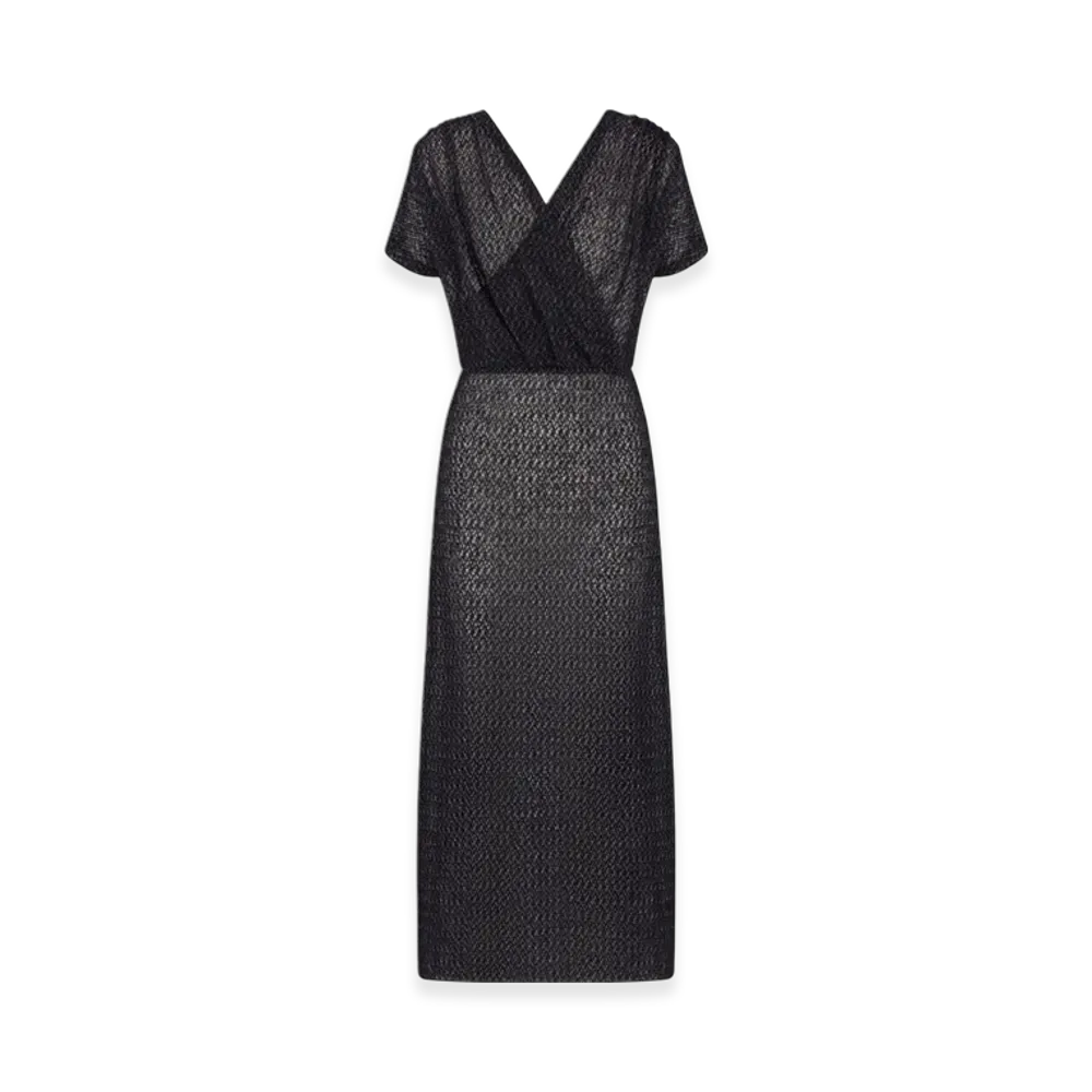 Dior Women's Openwork Mohair Alpaca and Silk Blend Knit Wraparound Mid Length Dress "Black"