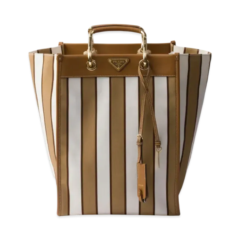 PRADA Large Printed Canvas and Leather Tote Bag "Camel/Camel"
