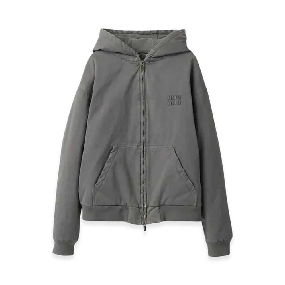 MIU MIU Women's Garment Dyed Blouson Jacket with Embroidered Logo "Iron Gray"