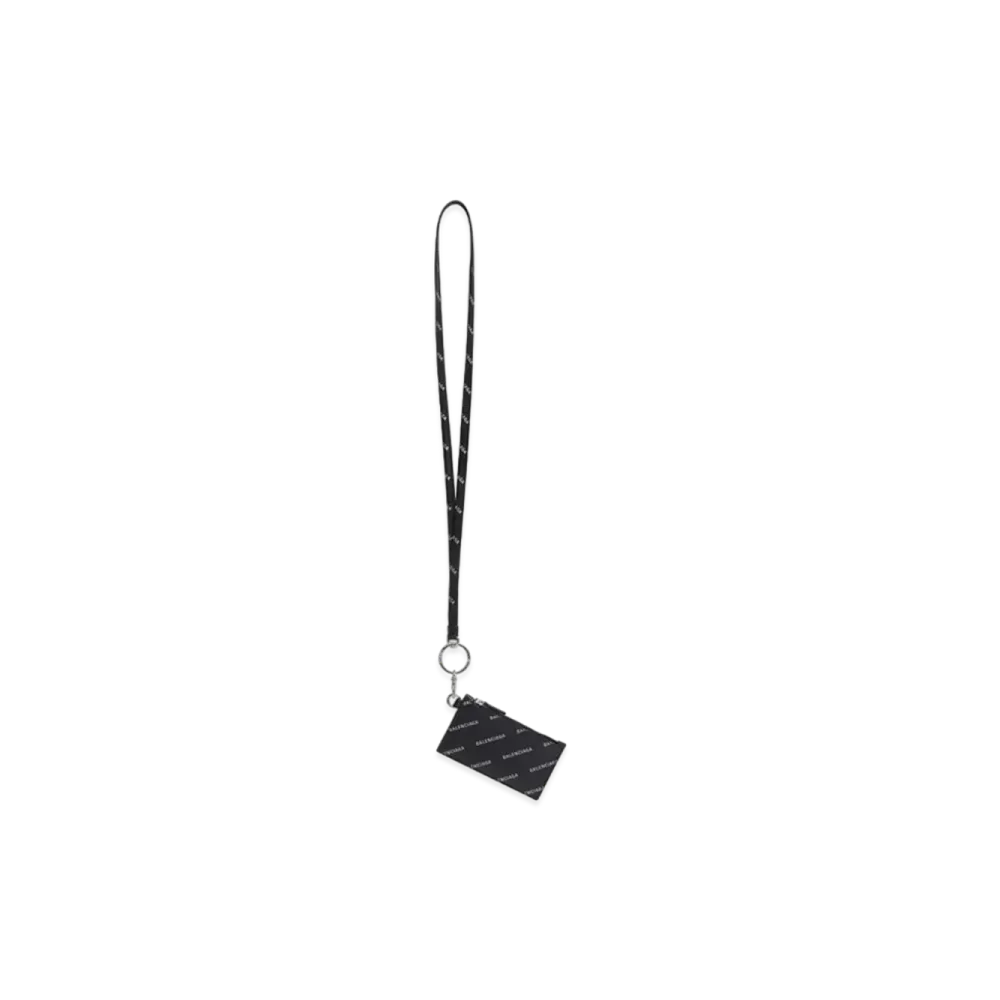 BALENCIAGA Cash Card Case On Keychain Calfskin With Reflective Allover Logo "Black"