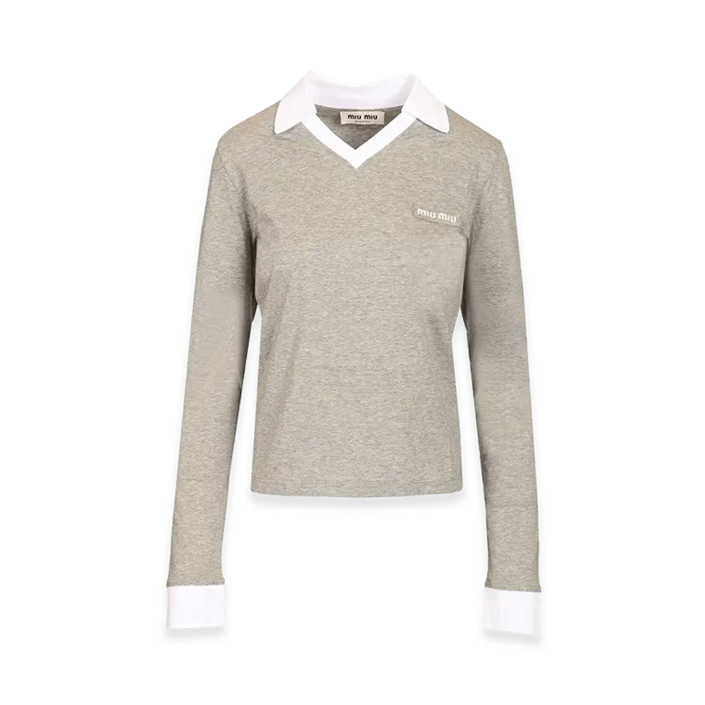 MIU MIU Women's Logo Lettering Long Sleeve Polo Shirt "Gray"