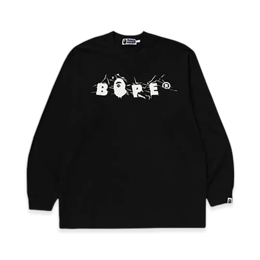 A BATHING APE Wrinkle Bape Logo Relaxed Fit LS Tee "Black"