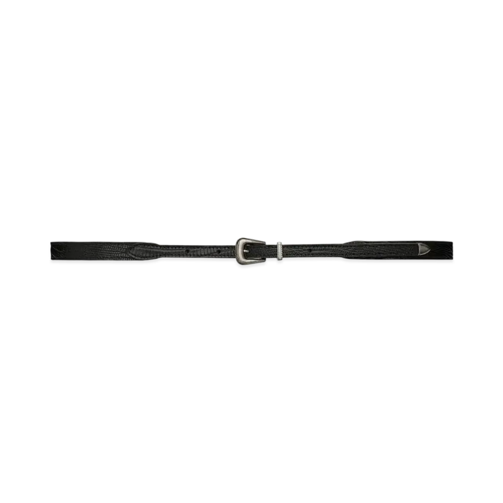 Saint Laurent Folk Buckle Thin Belt In Lizard-Embossed Leather And Metal "Black"