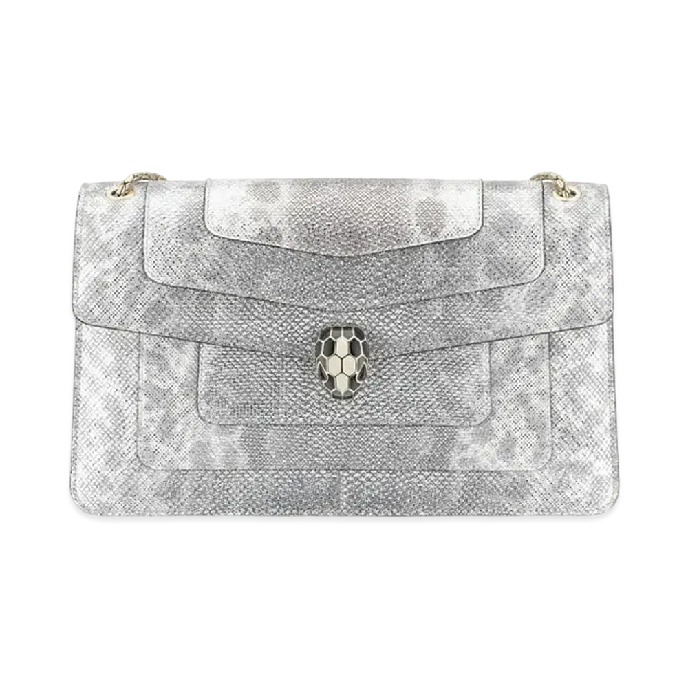 BVLGARI Serpenti Forever Shoulder Bag Metallic Karung Skin With Black Nappa Leather "White Agate"