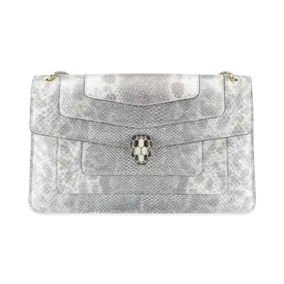 BVLGARI Serpenti Forever Shoulder Bag Metallic Karung Skin With Black Nappa Leather "White Agate"