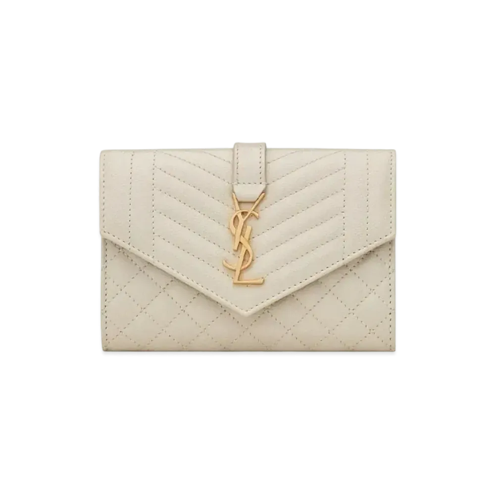 SAINT LAURENT Monogram Small Envelope Wallet In Mix Matelasse Grain De Poudre Embossed Leather "Vintage White"