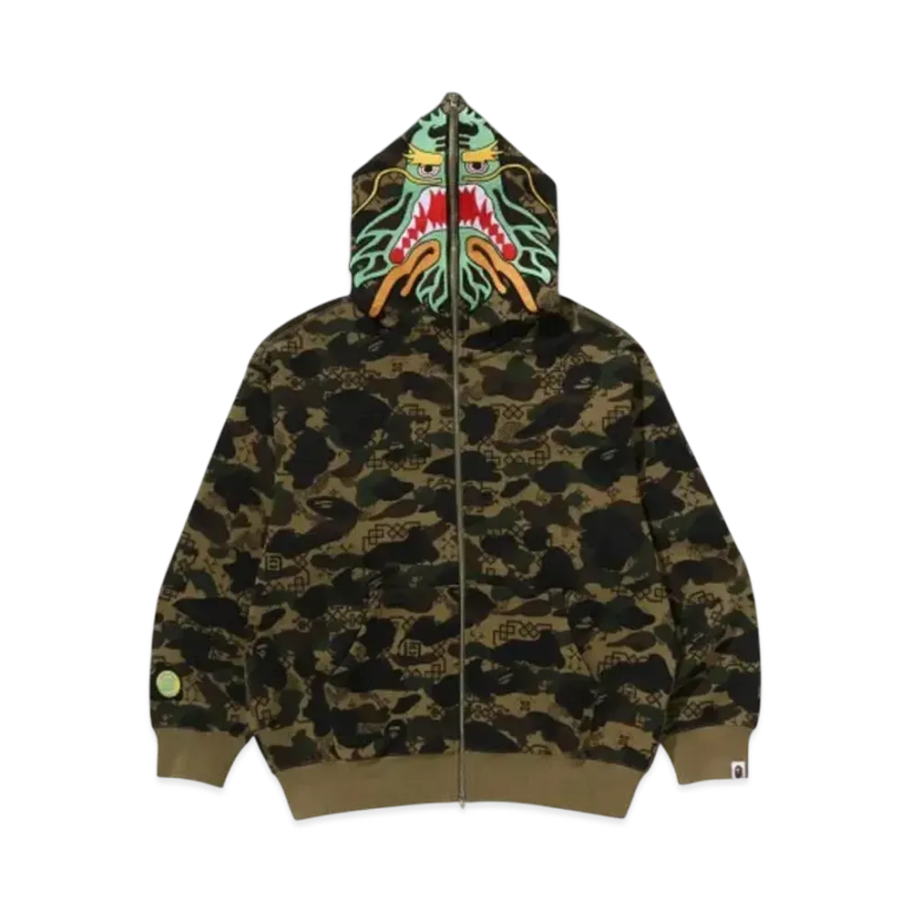 A BATHING APE x CLOT Camo Shark Relaxed Fit Full Zip Hoodie "Green"