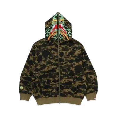 A BATHING APE x CLOT Camo Shark Relaxed Fit Full Zip Hoodie "Green"