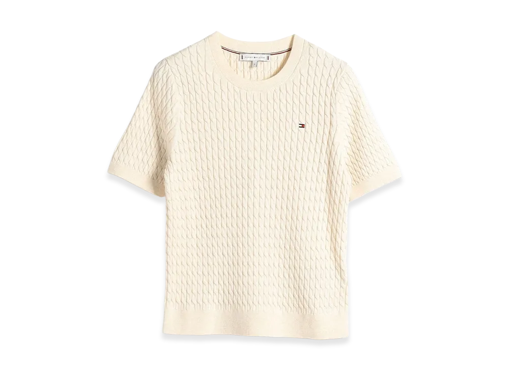 TOMMY HILFIGER Women's Cotton Cable Fine Gauge Crewneck S/S Sweater "Ivory"