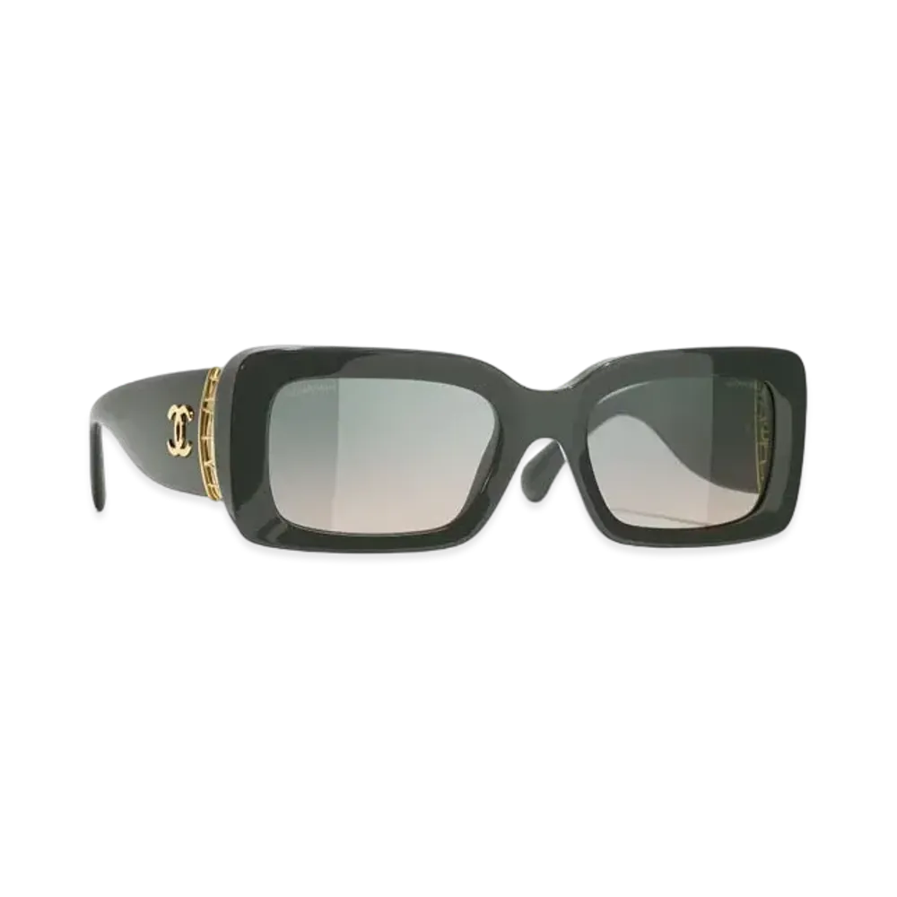 CHANEL Rectangle Sunglasses Acetate & Metal "Khaki/Green"