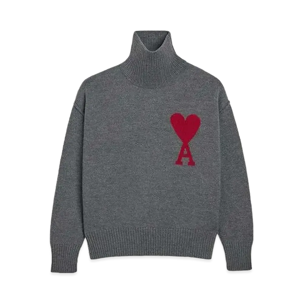 AMI PARIS Merino Wool Felt Sweater #2 "Heather Gray & Red"