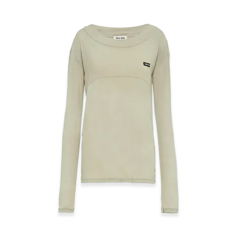 MIU MIU Women's Garment Dyed Ribbed Knit Jersey Long Sleeve T-Shirt "Pumice Stone"