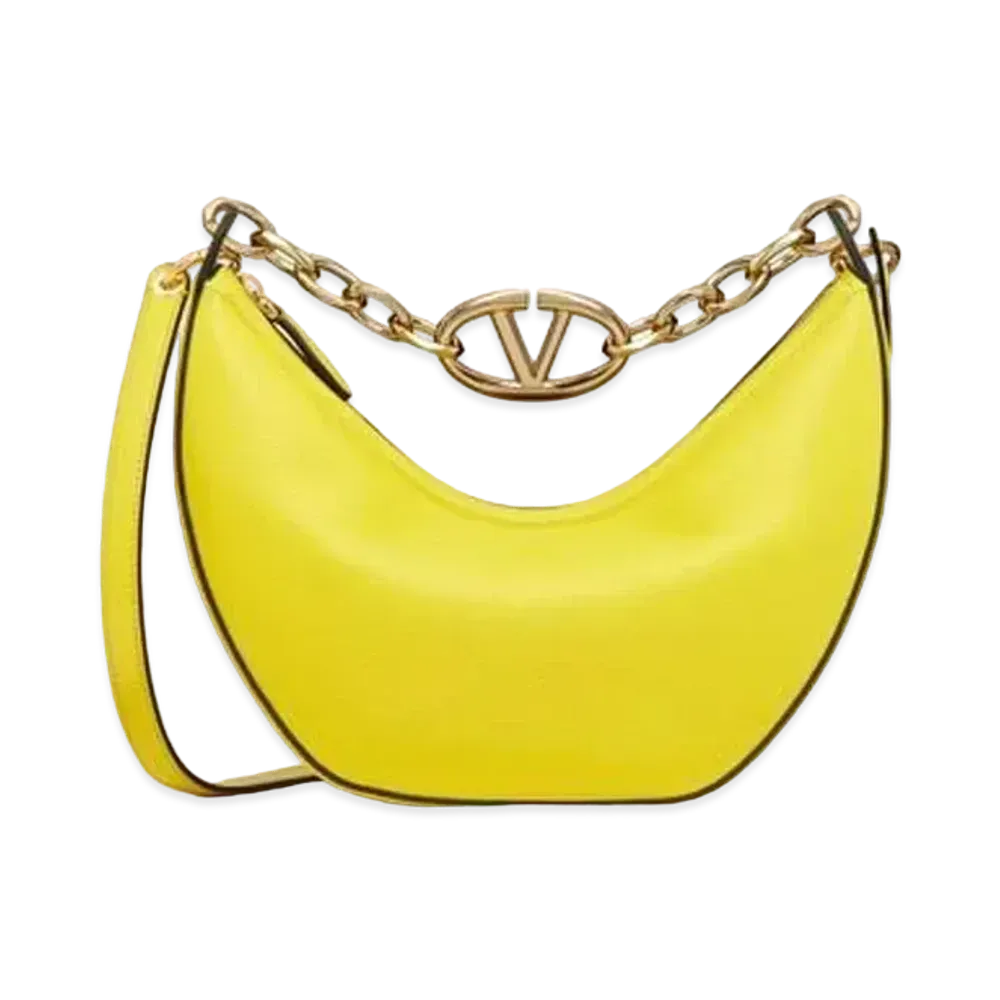 Valentino Small Vlogo Moon Hobo Bag In Leather With Chain "Cedar Yellow"