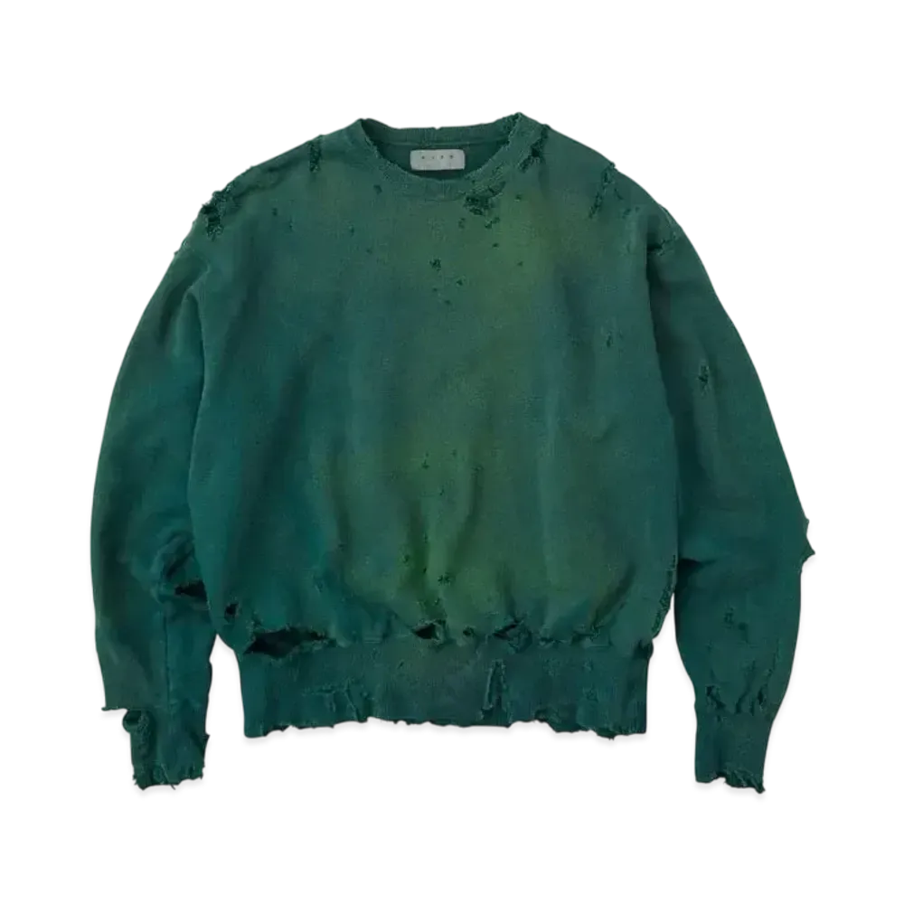 KURO More Damage Washed Crew Neck Sweat "Green"
