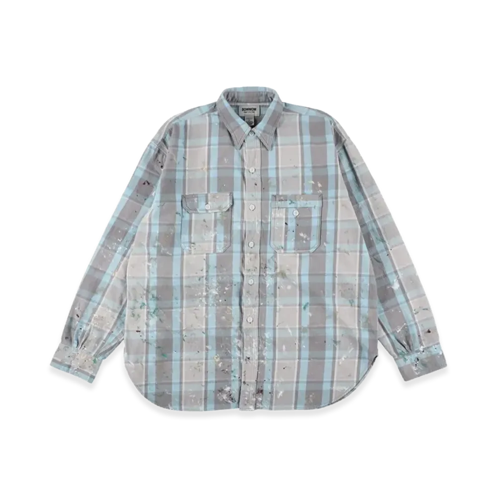BOW WOW Painter'S Paint Stained Flannel Shirt "Light Blue/Off White"