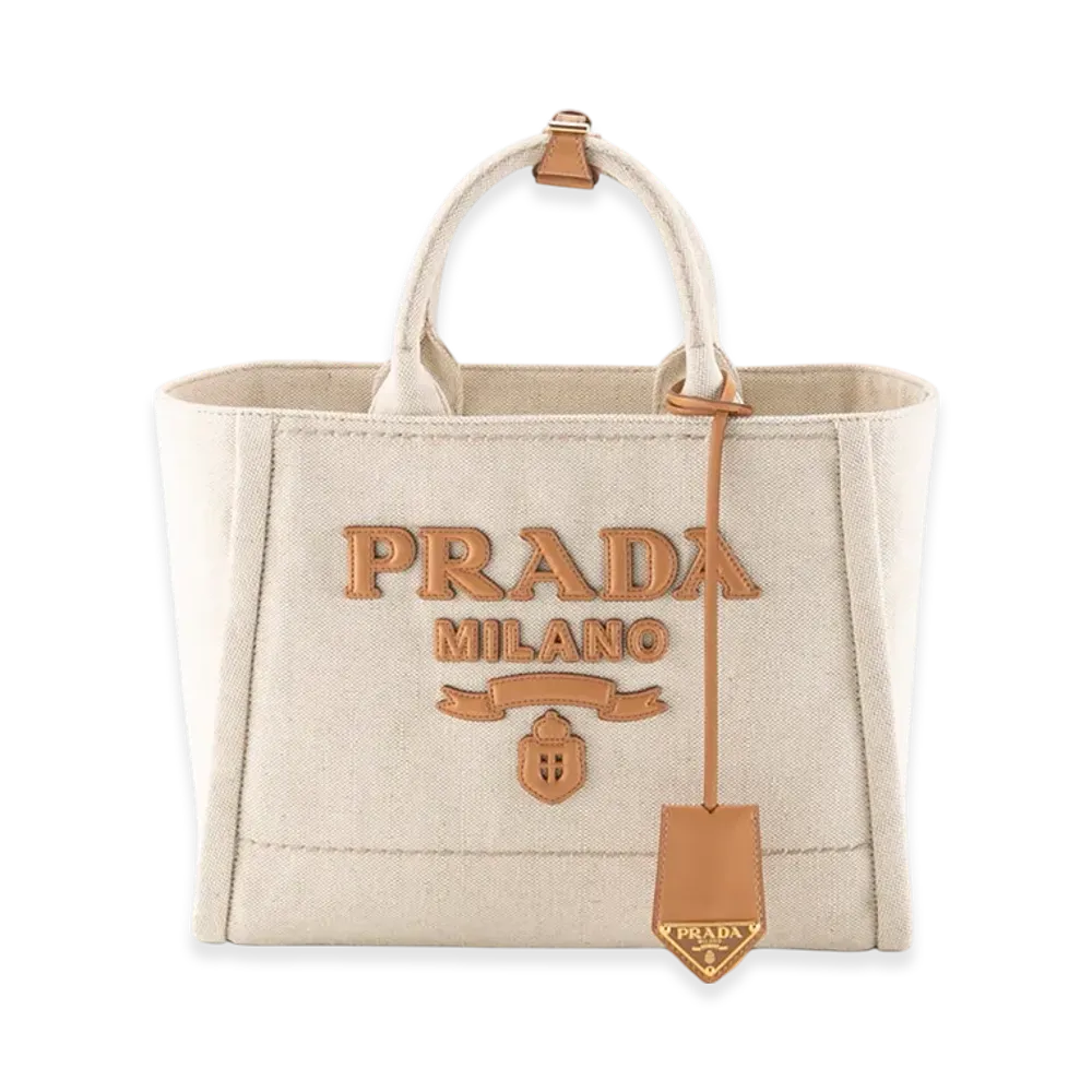 PRADA Linen Blend Leather LG Tote "Beige/Brown"