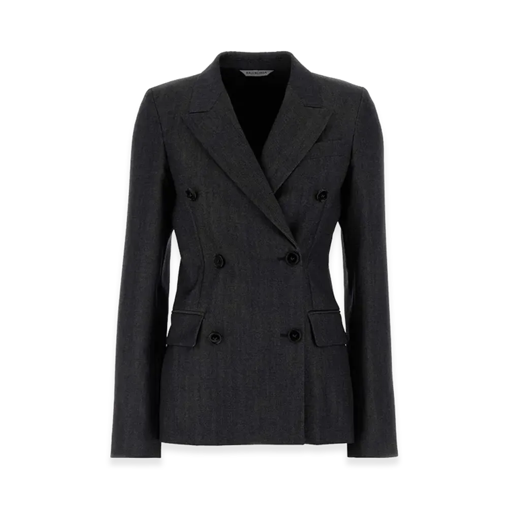 BALENCIAGA Women's Double-Breasted Tailored Jacket In Wool Twill In Denim Look "Dark Navy"