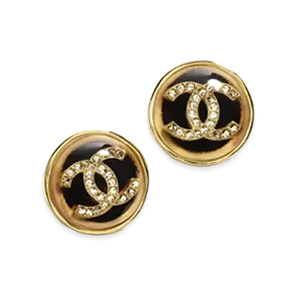 CHANEL Stud Earrings Metal, Resin, Silk & Strass "Gold/Brown/Black/Crystal"