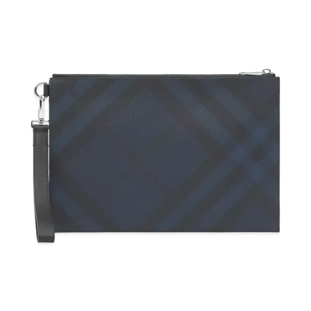 Burberry London Check & Leather Zip Pouch "Navy"
