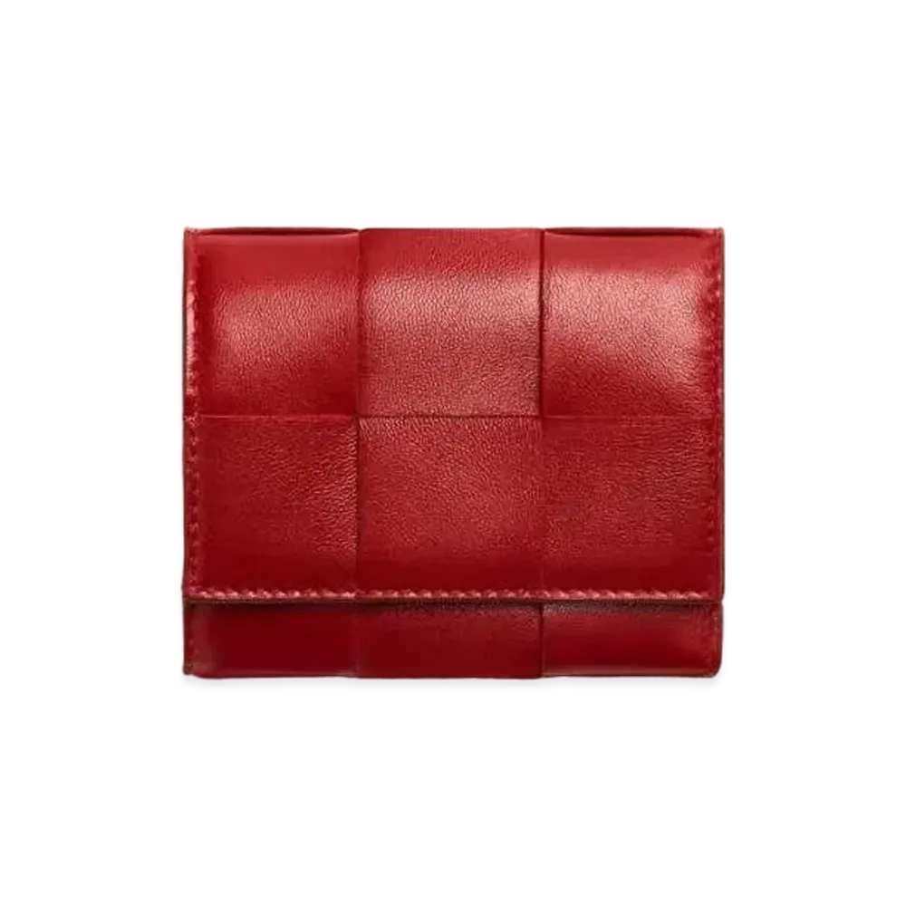 Bottega Veneta Casette Maxi Intrecciato Lambskin Calfskin Zip Trifold MIni Wallet "Dark Red"