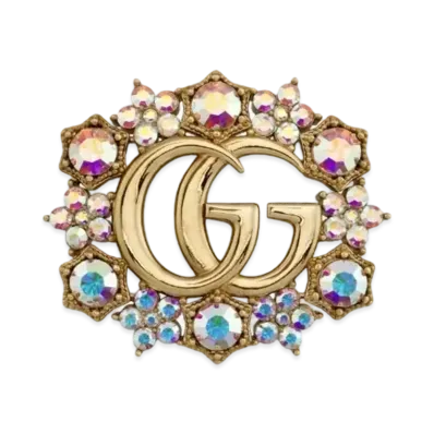 GUCCI Antique Gold Tone Metal Double G Crystal Flower Brooch "Gold"