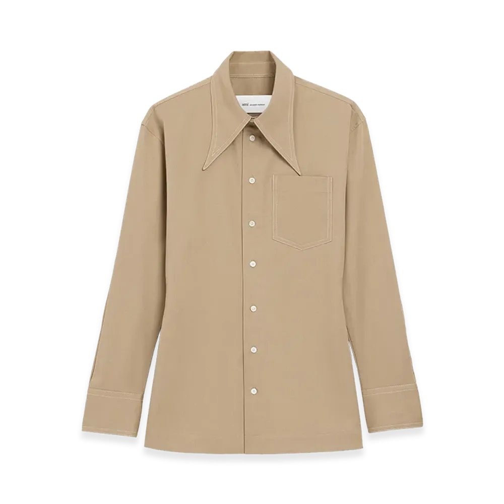 AMI PARIS Cotton Sharp Collar Fitted Shirt "Beige"