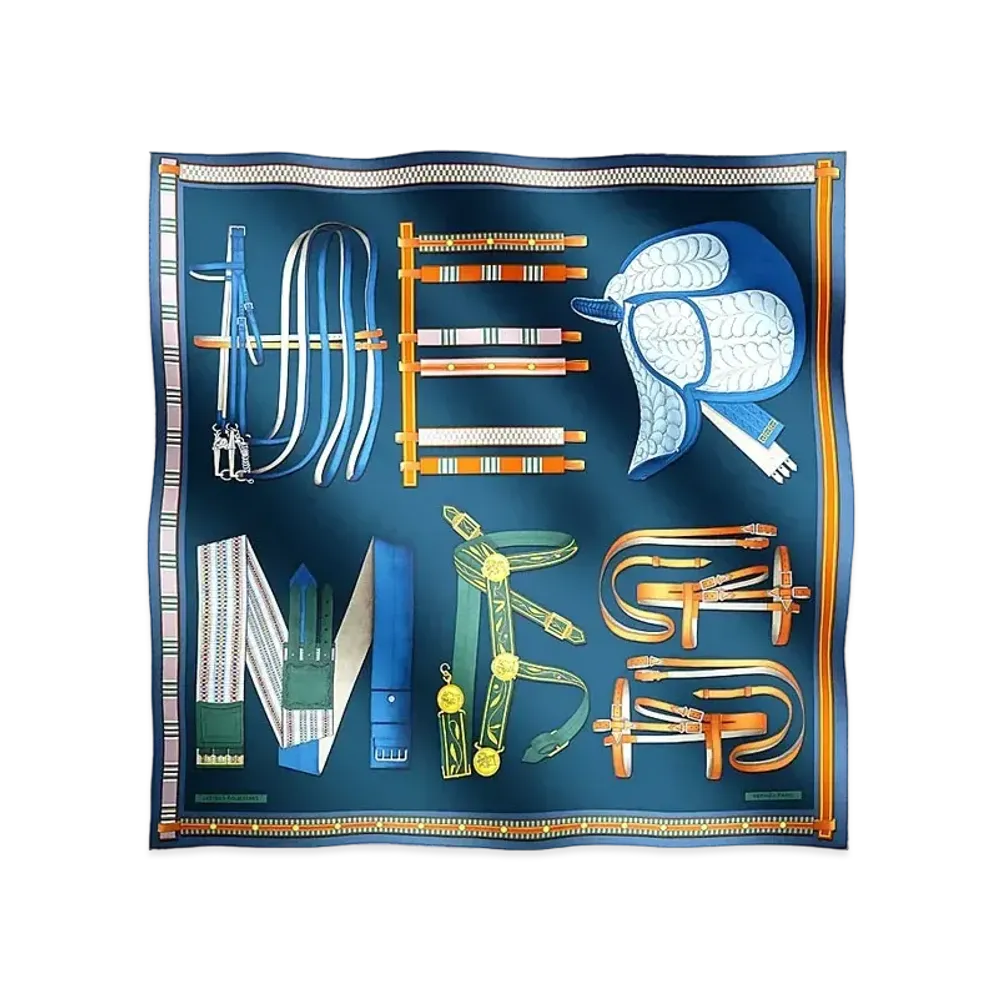 Hermes Carre 90 Lettres Equestres "Blue Ardoise/Green/Palm"