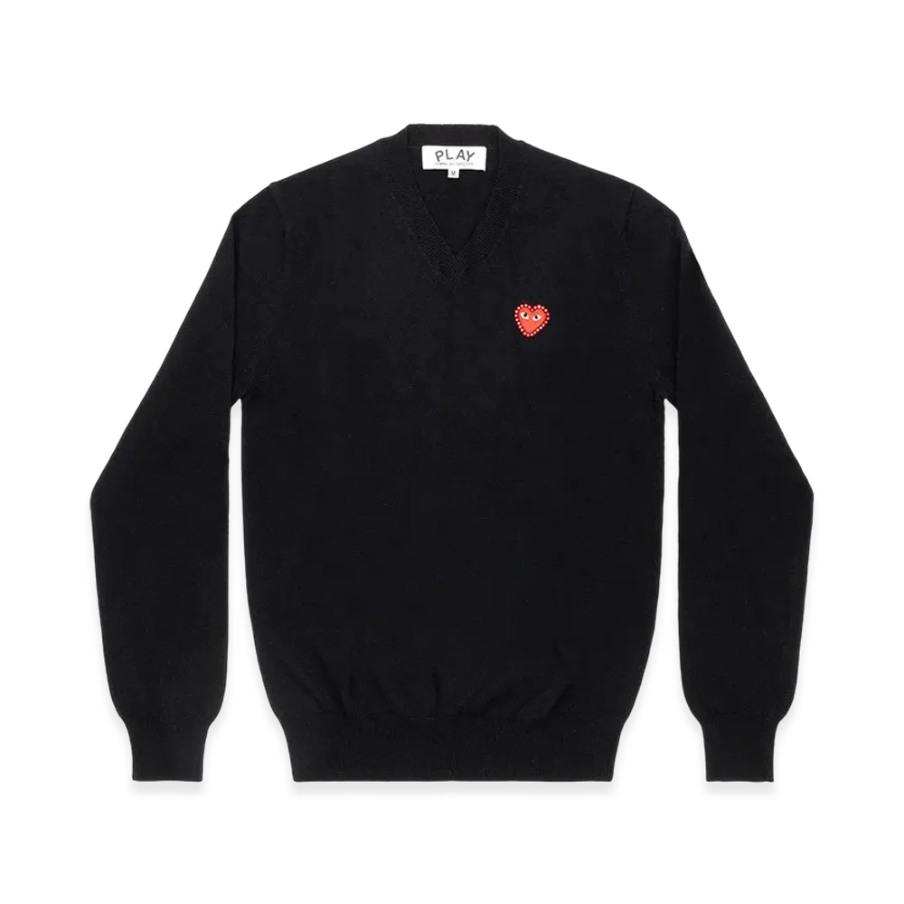 PLAY COMME des GARCONS Unisex V-Neck Sweater with Emblem x Rhinestone "Black"
