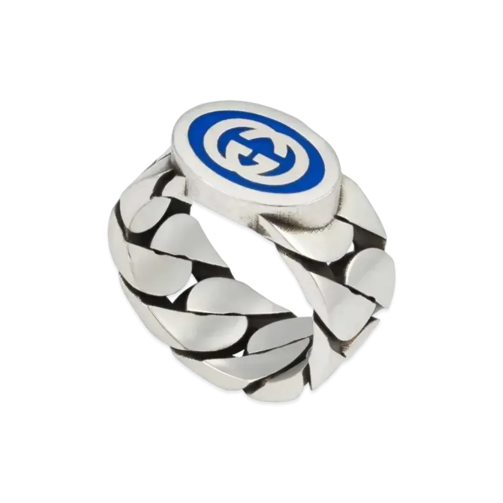 GUCCI Interlocking G Enameled Ring Enamel "Blue/Silver"