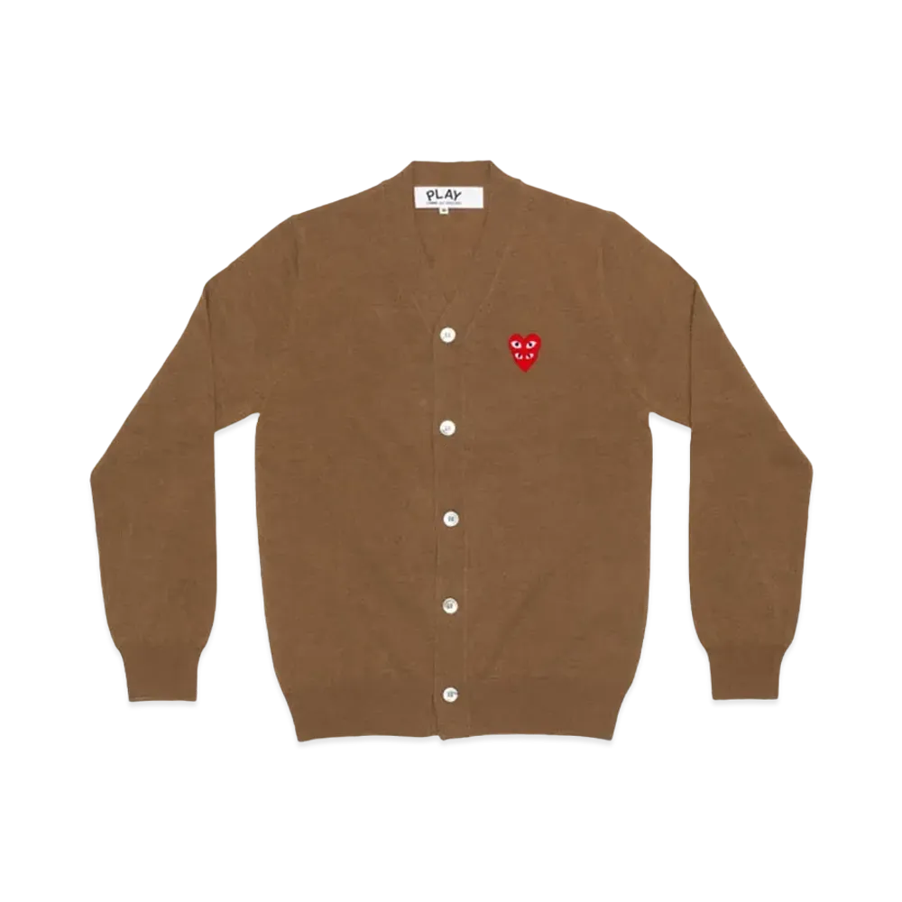 PLAY COMME des GARCONS Double Red Heart Men's V Neck Cardigan "Brown"