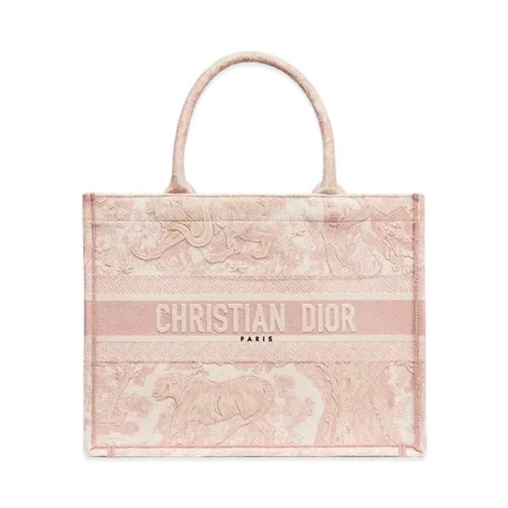 Dior Medium Book Tote Toile de Jouy Embroidery "Ecru/Pink"