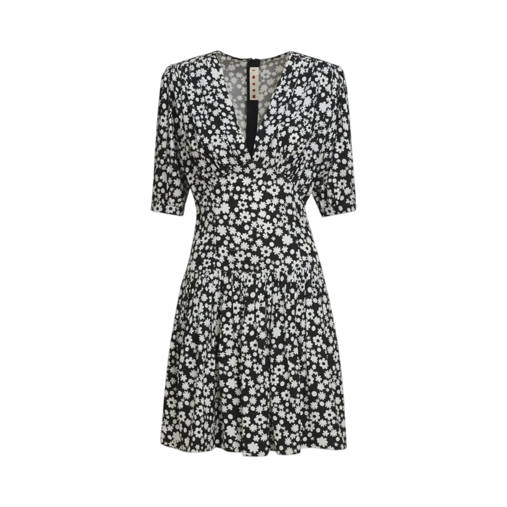 Marni Women's Short Satin Dress with Pop Fields Motif "Black"