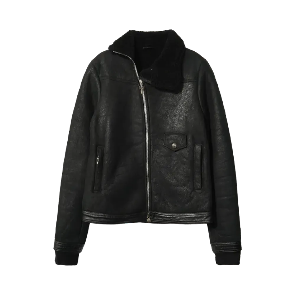 Chrome Hearts WARTHOG 2 LTHR Cross Ball Dagger Scroll Label Mouton Leather Jacket "BLACK"