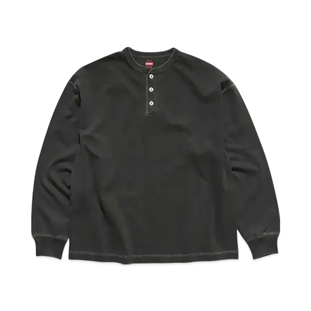 Healthknit Henley Neck Garment Dye Long Sleeve T-shirt "Charcoal"
