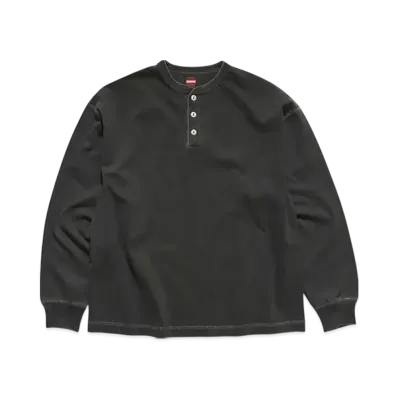 Healthknit Henley Neck Garment Dye Long Sleeve T-shirt "Charcoal"