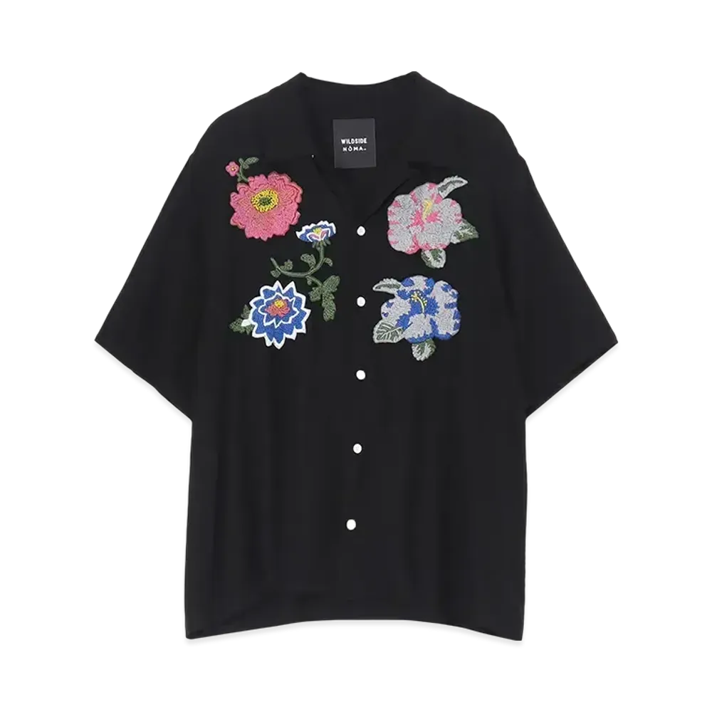 WILDSIDE Yohji Yamamoto x NOMARHYTHM TEXTILE Flower Embroidery Open Collar Shirt "Black"