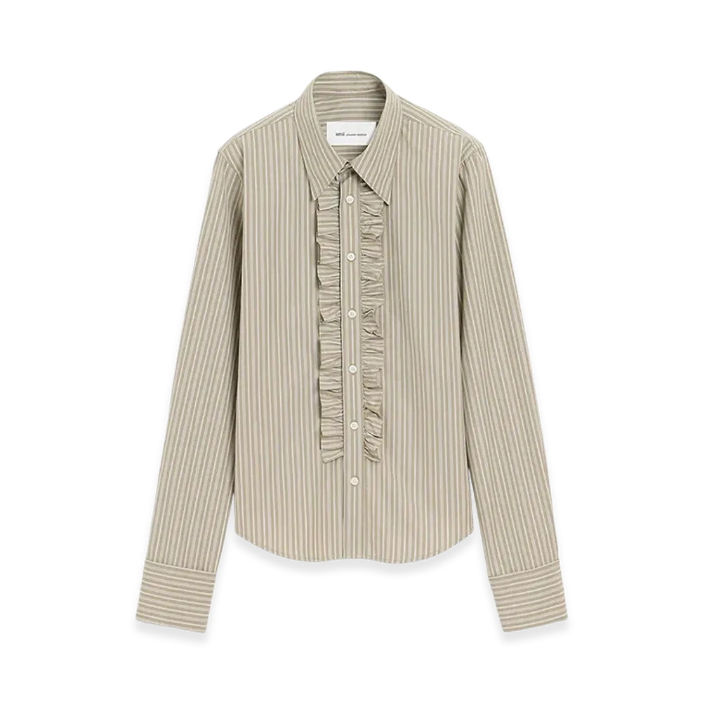 AMI PARIS Cotton Long Sleeve Ruffled Adjusted Shirt "Beige"