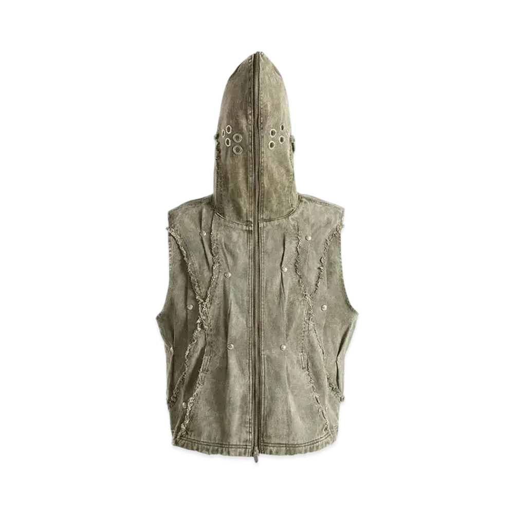 The Boy Has No Patience Eclipse Of The Blood Moon Brushed Texture Denim Hooded Vest "Green"