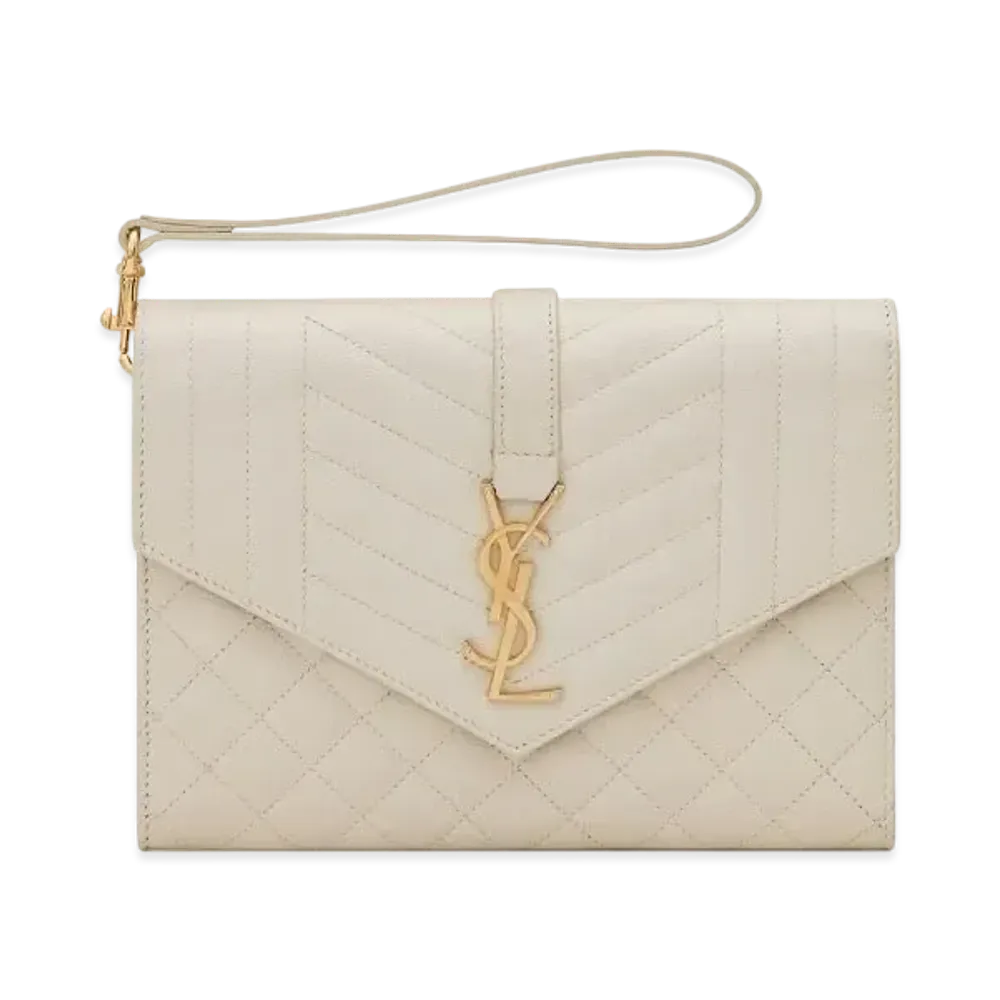 SAINT LAURENT Monogram Clutch In Mix Matelasse Grain De Poudre Embossed Leather "Vintage White"