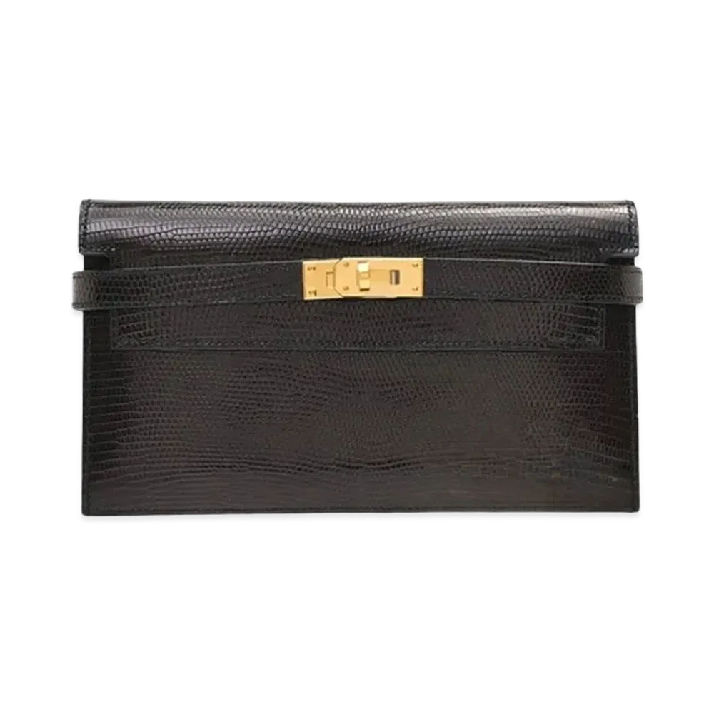 Hermes Kelly Wallet Depliant Long Lizard "Black/Gold"