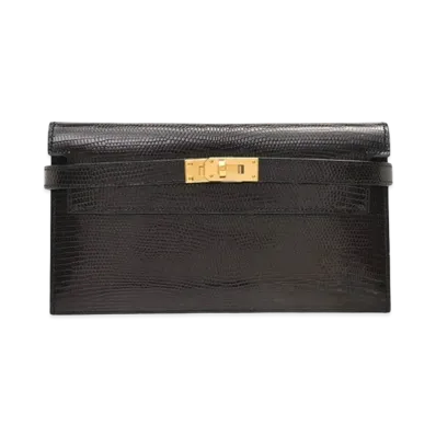 Hermes Kelly Wallet Depliant Long Lizard "Black/Gold"