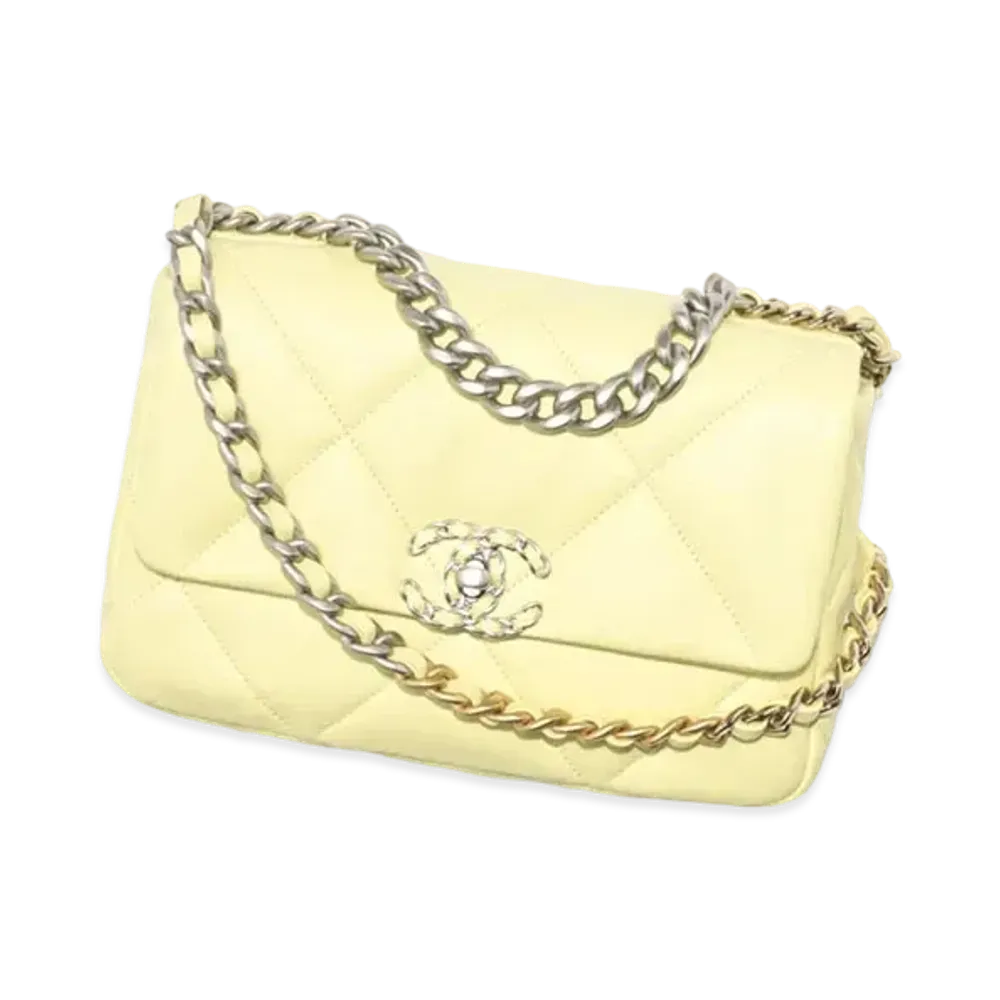 CHANEL 19 Handbag Shiny Lambskin Gold Tone Silver Tone & Ruthenium Finish Metal "Yellow"